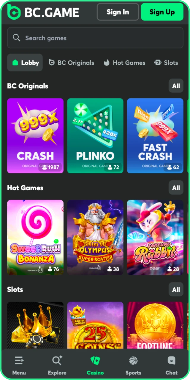 Play your favorite games in the mobile BC Game App casino.