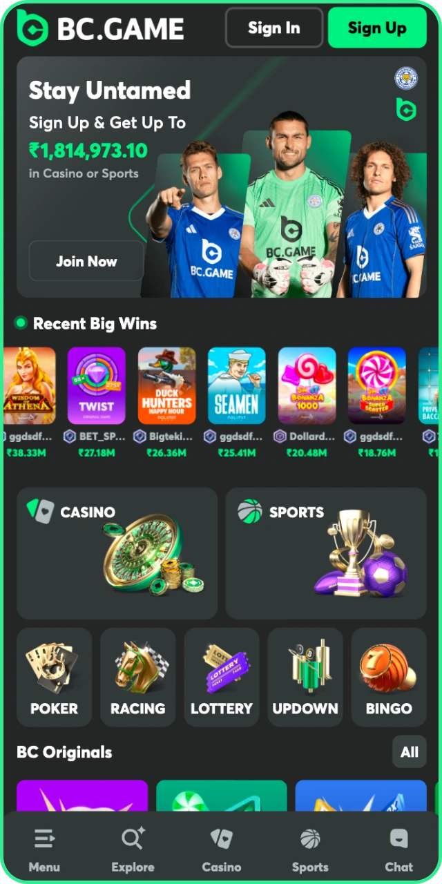 Navigate the BC Game App main page to access top features.