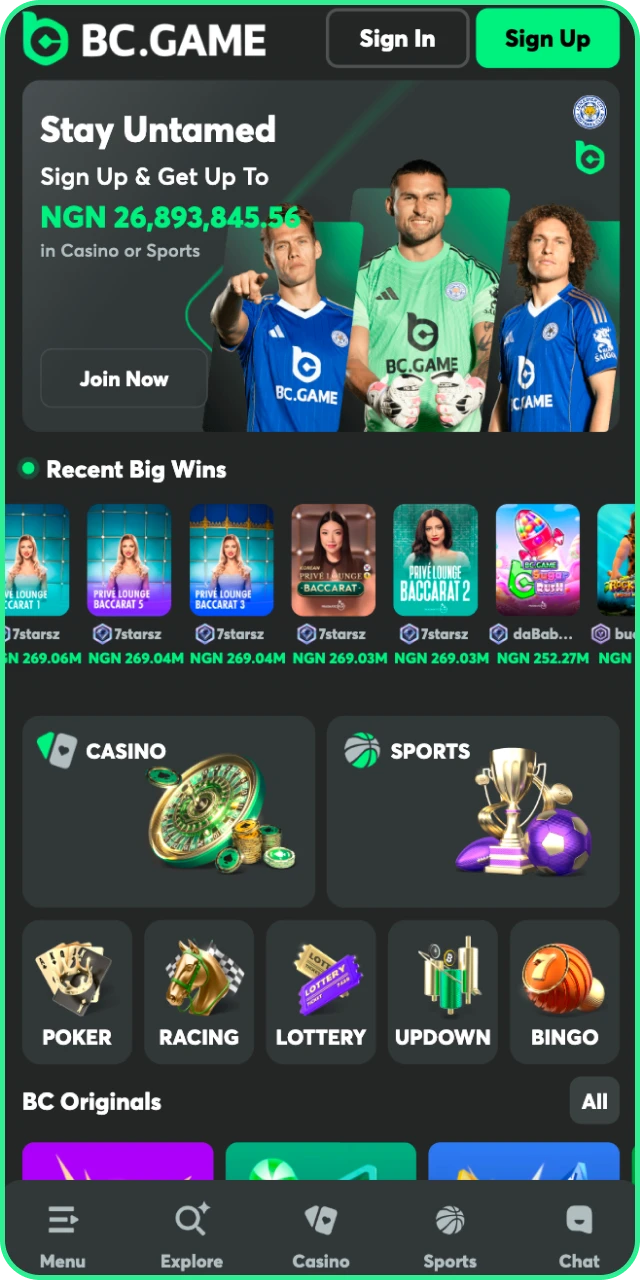 Navigate the BC Game App main page to access top features.