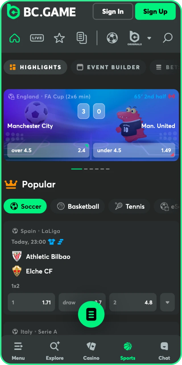 Place bets on top matches via the BC Game App sport section.