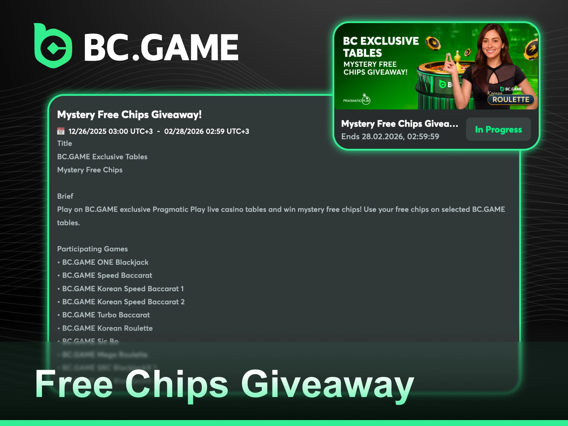 Participate in the mystery free chips giveaway bonus at BC Game.
