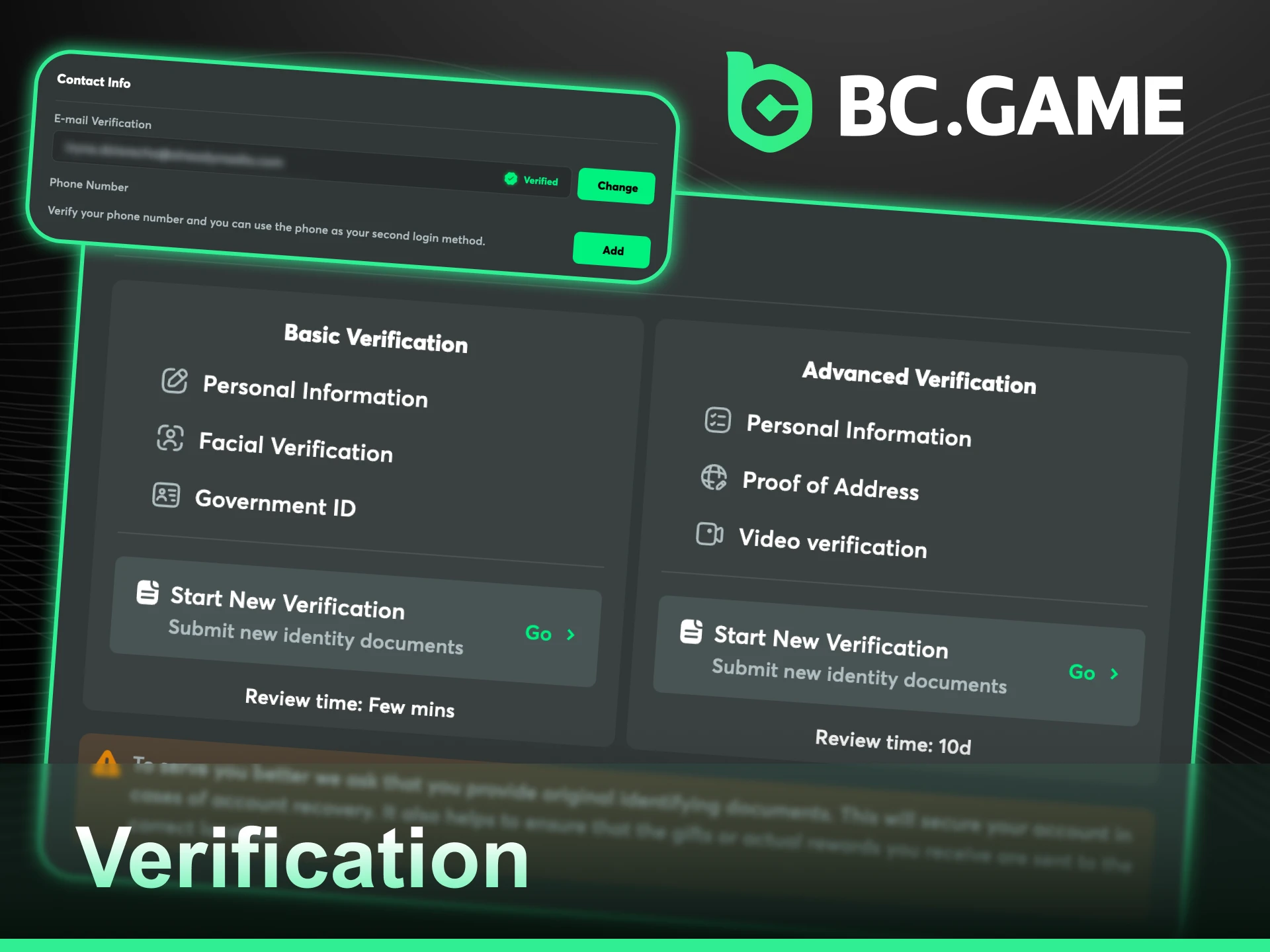 Finish the BC Game Verification process to secure your account and enable withdrawals.