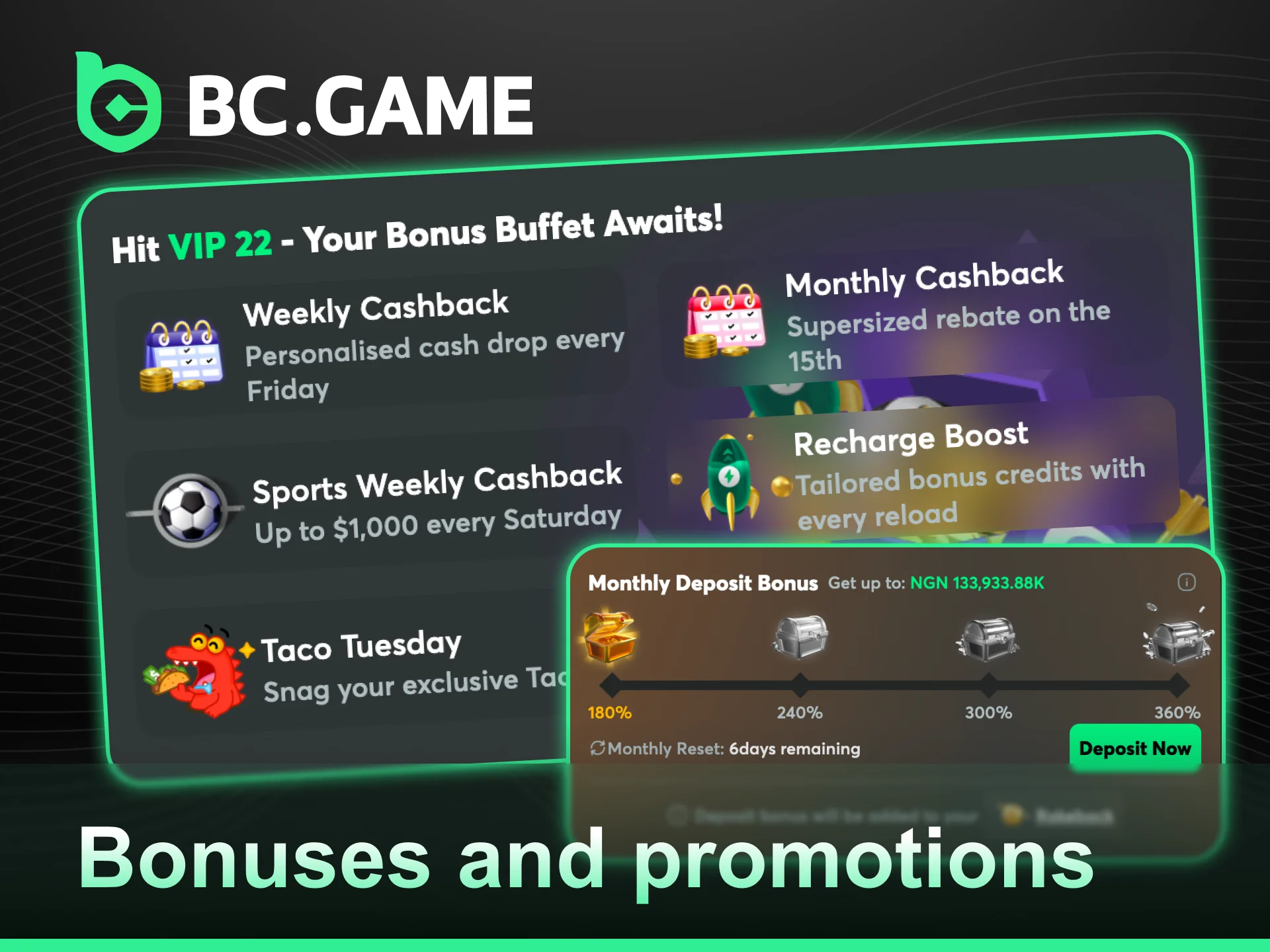 Grab exclusive BC Game Bonuses and Promotions on Your First Deposit.