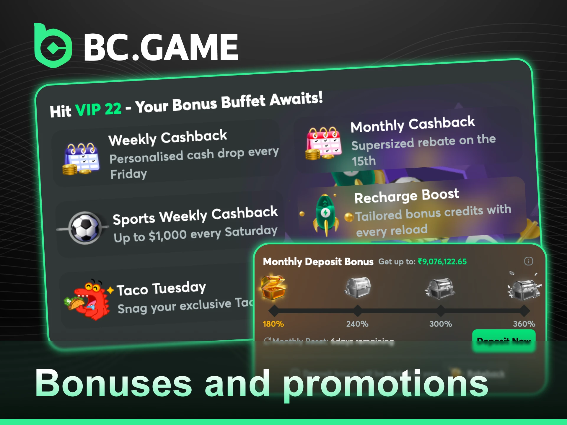 Grab exclusive BC Game Bonuses and Promotions on Your First Deposit.