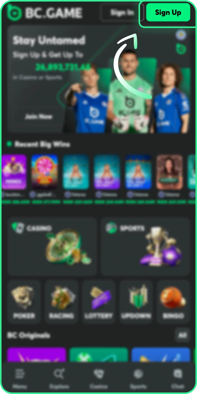 Open the Registration form on the BC Game account signup page.