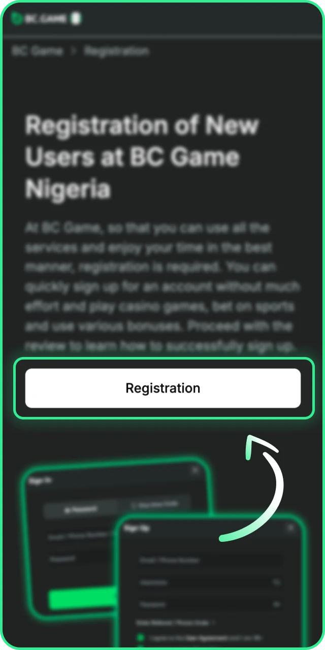 Find the official button to start your BC Game account setup.